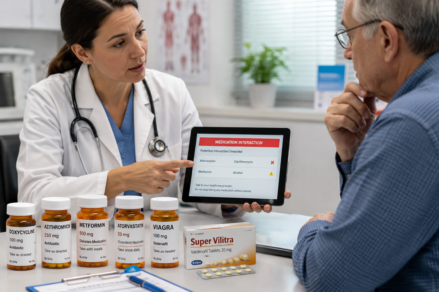 Doctor explaining medication interactions and prescription safety