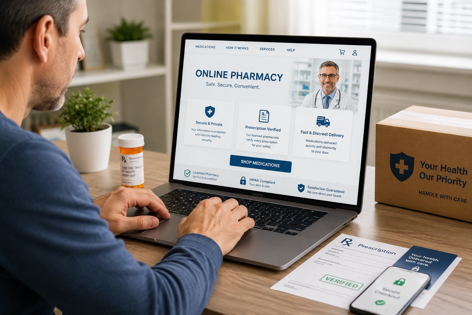 Safe online pharmacy ordering and prescription medication management